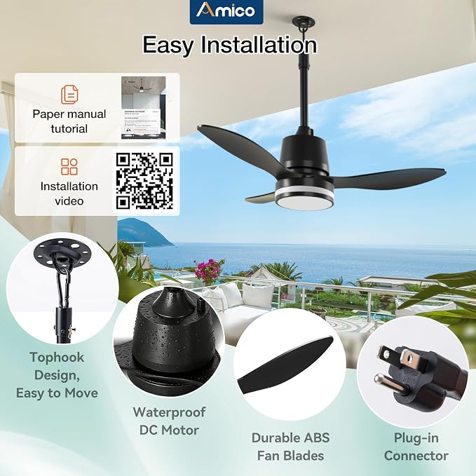 Amico 36 Inch Outdoor Ceiling Fans with Lights for Patios, IP65 Waterproof Gazebo Fan Remote Control,3CCT, 6 Speeds, Hook Hanging Plug in Ceiling Fan for Patio Porch Pergola Garage Canopy (Black)