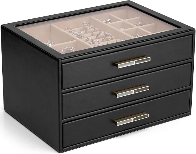 VLANDO Jewelry Box for Women, Glass Lid Jewelry Organizer with 3 Drawers for Necklaces Rings Earrings Bracelets - Black
