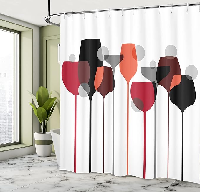 Ambesonne Wine Shower Curtain, Abstract Drink Glasses Silhouettes Dots Alcohol Theme Modern, Cloth Fabric Bathroom Decor Set with Hooks, 69" W x 70" L, Red Grey Black