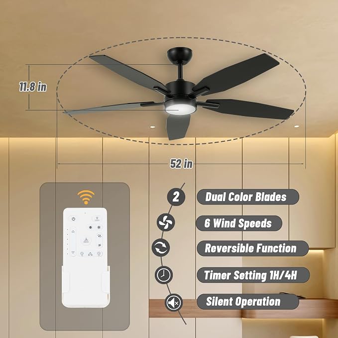 52" Ceiling Fan for Living Room - 5 Blades Modern Ceiling Fan with Light for Bedroom - Quiet DC Motor - 3CCT - 6 Speeds - Dimmable - Reversible Function - Black