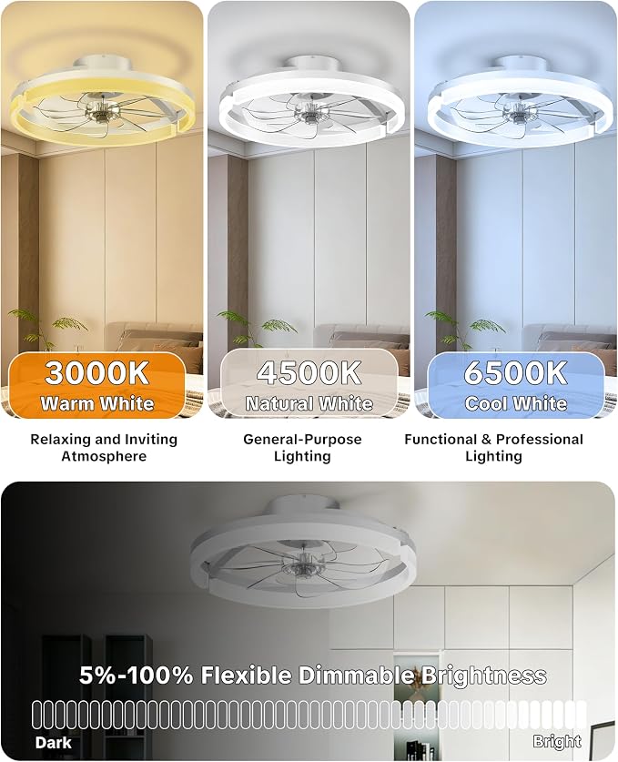 Ceiling Fans with Lights and Remote, Low Profile Ceiling Fan, Morden Flush Mount LED Fan Light, 3000K-6500K Dimmable for Bedroom, Kitchen, Living Room, Frosted, White