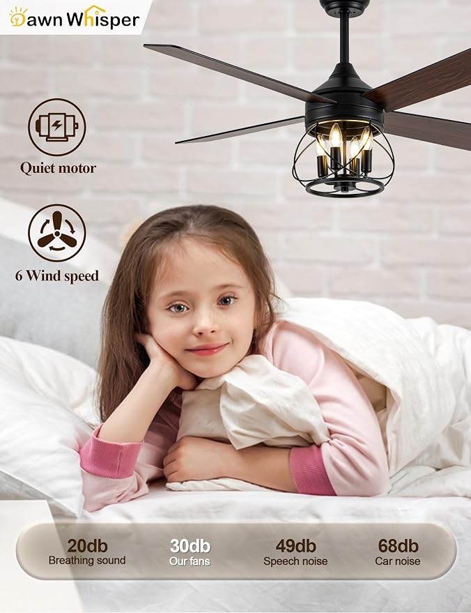 Dawn Whisper 52 Inch Rustic Farmhouse Ceiling Fans with Lights and Remote Quiet and Reversible DC Motor Black Industrial Caged Ceiling Fan for Bedroom Living Room