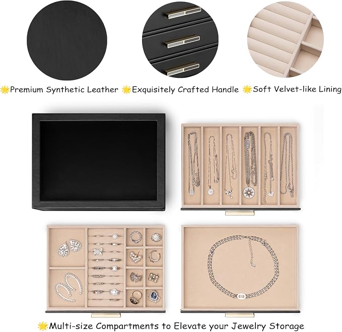 VLANDO 3-Drawer Jewelry Box with Glass Lid, Faux Leather Organizer for Rings Earrings Necklaces and More, Gift-Ready Jewelry Case for Women Girls or Moms, Black