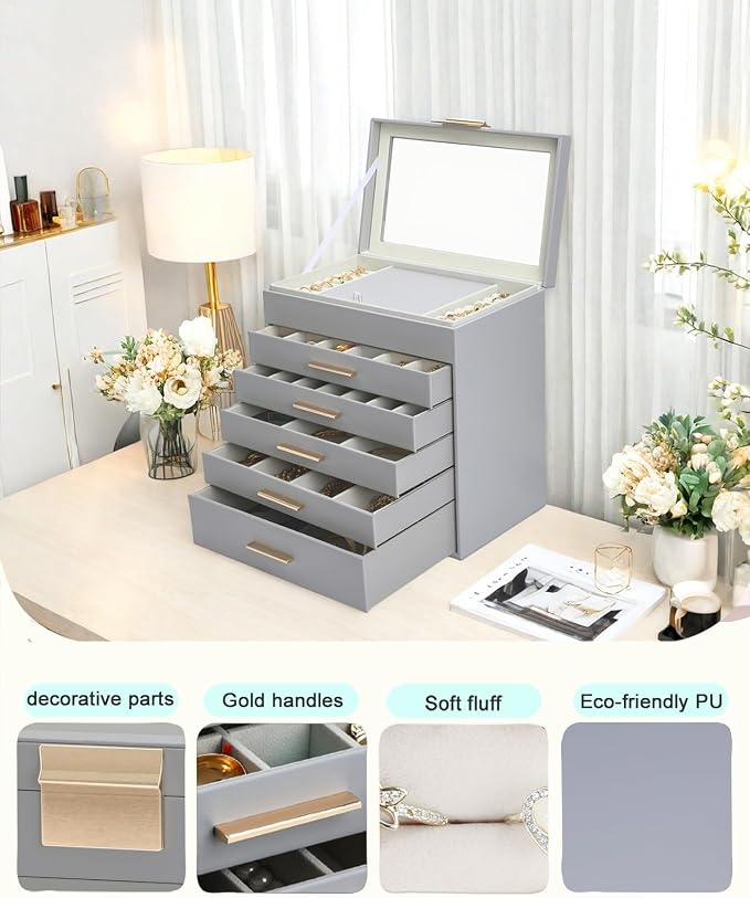 BOOVO Jewelry Boxes for Women, White and Black 6 Layer Large Jewelry Box for Necklace, Bracelet, Earrings, Rings Storage, Jewelry holder Organizer for Girls Gift (Grey, 6 layer)