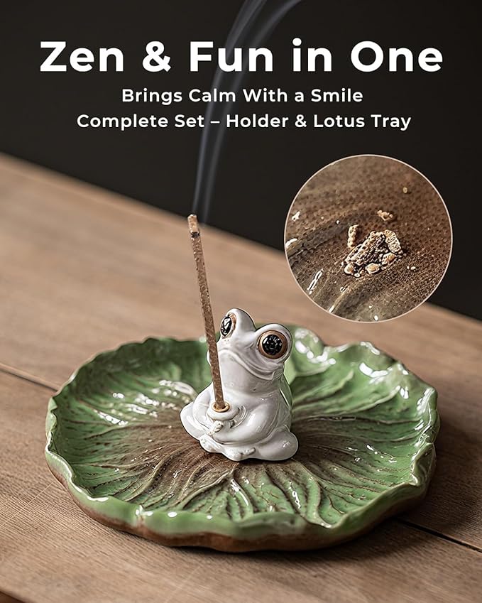 Ceramic Incense Stick Holder - Cute Frog Incense Burner with Lotus Leaf Tray Ash Catcher, Handcrafted Zen Decor for Home, Meditation, Yoga, Gift