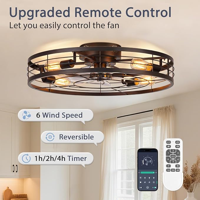 VOLISUN 27.6'' Caged Ceiling Fan with Light and Remote,Rustic Low Profile Ceiling Fan with Light Flush Mount, Farmhouse Bladeless Fandelier Ceiling Fans with Lights for Kitchen,Bedroom-Black