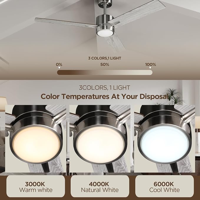 Ceiling Fan 52'' with Light: Modern Remote Control Fans Downrod Mounted - Quiet Reversible DC Motor - Light Memory Function for Outdoor Indoor