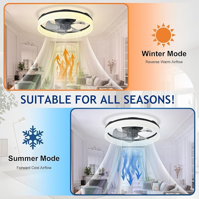 DLLT Ceiling Fans with Lights and Remote: 16 Inch Modern Low Profile Ceiling Fan with APP Control for Kids Room - Black Dimmable LED Bladeless Fandelier with 6 Wind Speeds Quiet DC Motor for Bedroom