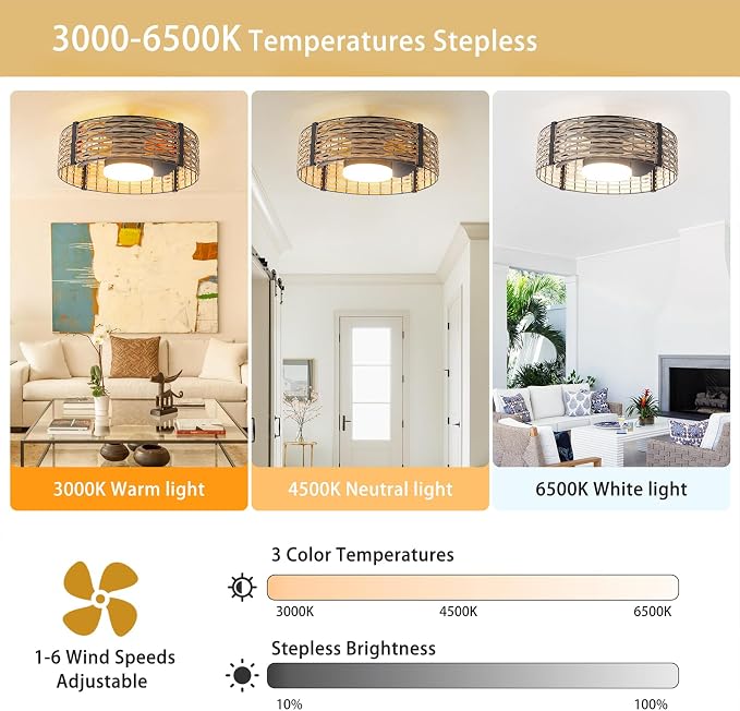 Ganeed 18W LED 20 Inch Dimmable Bamboo Rattan Fandelier, Boho Caged Ceiling Fan with Light and Remote, 6 Speed/Reversible Motor/RGB LED Small Ceiling Fan for Bedroom Living Room Kitchen Nursery