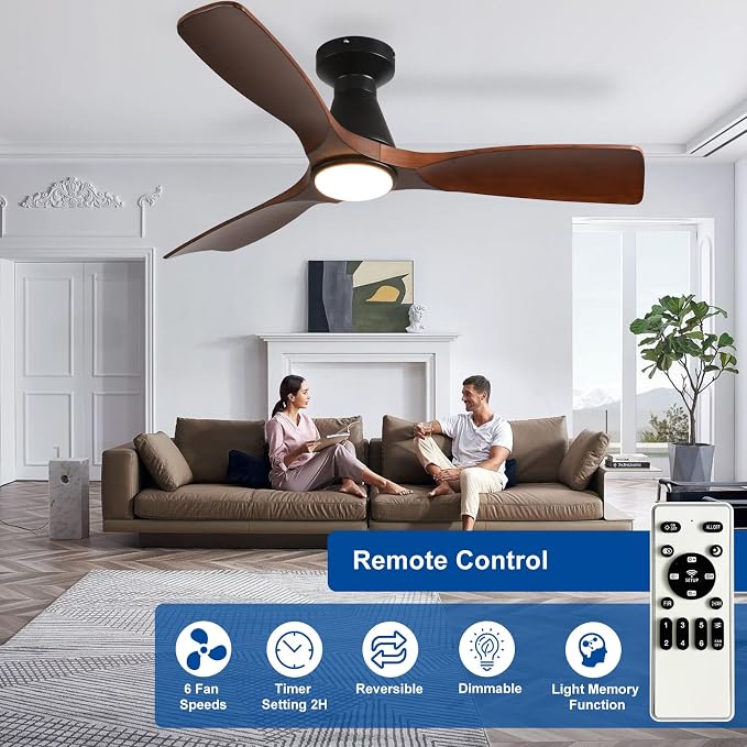 Depuley 42-Inch Ceiling Fans with Lights: Walnut 3 Blade Flush Mount Low Profile Ceiling Fan for Bedroom - Dimmable Indoor Outdoor Fan with Remote Control Ultra Quiet DC Motor Timer