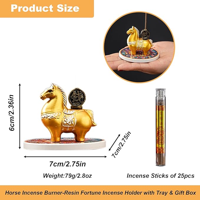 Horse Incense Burner-Resin Fortune Horse Incense Holder with Tray & Gift Box,Aromatherapy Decor for Yoga, Meditation,Home Office,Horse Lover Gift (Golden)