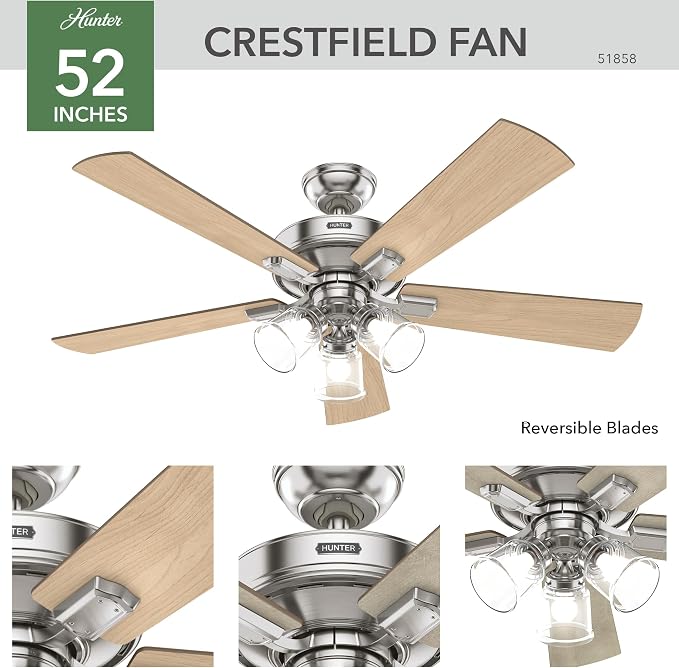 Hunter 52 inch Crestfield Brushed Nickel Ceiling Fan with LED Light Kit and Handheld Remote | with LED Lights and Remote Control, Standard Mount, For Bedroom, Living Room, Kitchen, 3 inch Downrod, 51858
