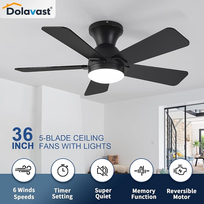 Ceiling Fans with Lights, 36 Inch Low Profile Ceiling Fan with Light and Remote Control, Flush Mount, Reversible, 3CCT, Dimmable LED, Quiet, Black Ceiling Fan for Bedroom, Kitchen, Office