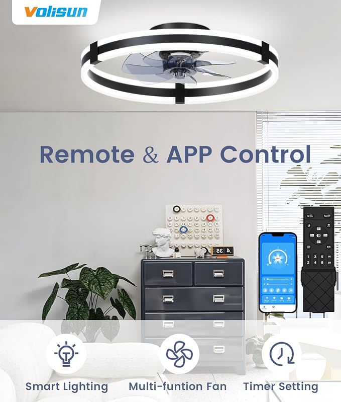 VOLISUN Ceiling Fans with Lights and Remote, 19.7in Low Profile Ceiling Fans with Light, 3000K-6500K Dimmable Fandelier Ceiling Fan, Black Flush Mount Ceiling Fan for Bedroom