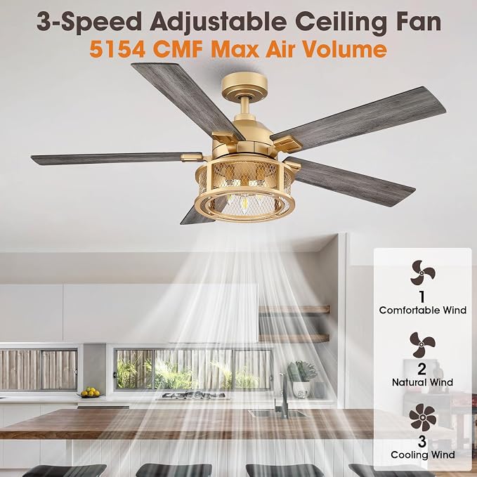 Farmhouse Ceiling Fans with Lights, 52 Inch Ceiling Fan with Remote for Bedroom Living room, Rustic Caged Fandelier with 5 Dual Finish Blades, Reversible Quiet Motor for Indoor/Outdoor, Gold