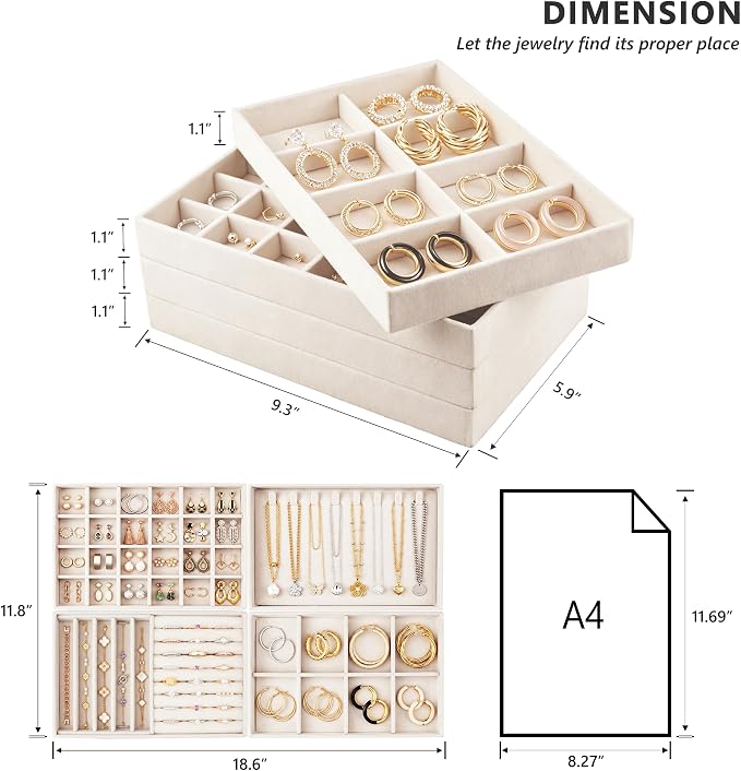 Jewelry Organizer for Drawer, Velvet Jewelry Drawer Organizer Inserts, 4-Layer Beige Stackable Jewelry Trays for Rings Earrings Necklaces Bracelets with Removable Dividers for Dresser Vanity