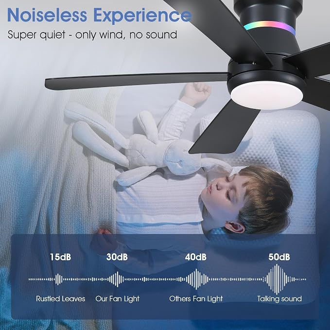 Surtime 46" Black Ceiling Fans with RGB Lights - Flush Mount Ceiling Fan Light with LED 3CCT Dimmable, Modern Low Profile Ceiling Fans for Indoor Party,Covered Outdoor