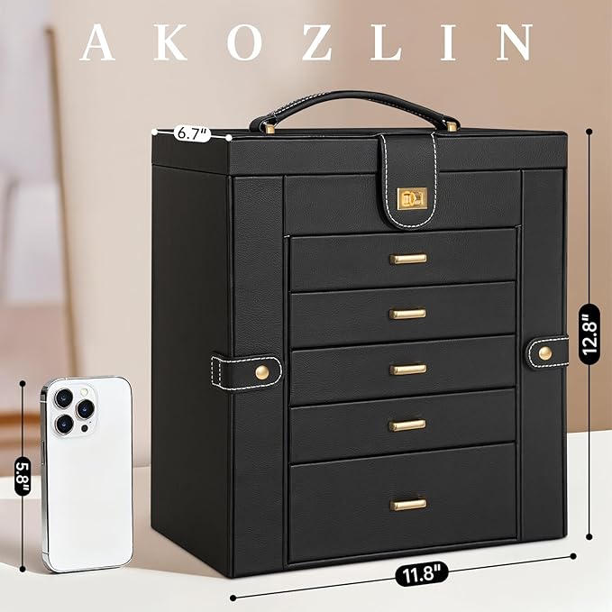 AKOZLIN 6-Tier Jewelry Box Organizer Functional 5 Drawers Leather Jewelry Storage Case for Women Girls Ring Necklace Earring Bracelet Holder Organizer with Mirror Extra Large Black