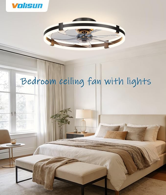 VOLISUN Ceiling Fans with Lights and Remote, 23.6in Low Profile Ceiling Fans with Light, 3000K-6500K Dimmable Fandelier Ceiling Fan, Black Flush Mount Ceiling Fan for Bedroom