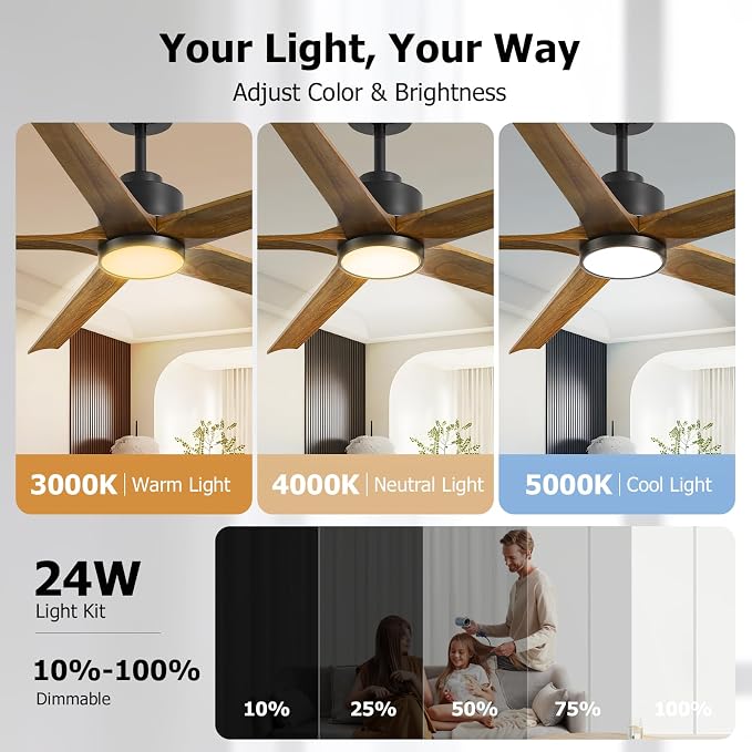 60 Inch Wood Ceiling Fan with Lights, Farmhouse Outdoor Silent Ceiling Fans, Modern High CFM Ceiling Fans, Quiet Reversible DC Motor, 5 Blades 6 Speed for Bedroom Living Room Exterior Patios