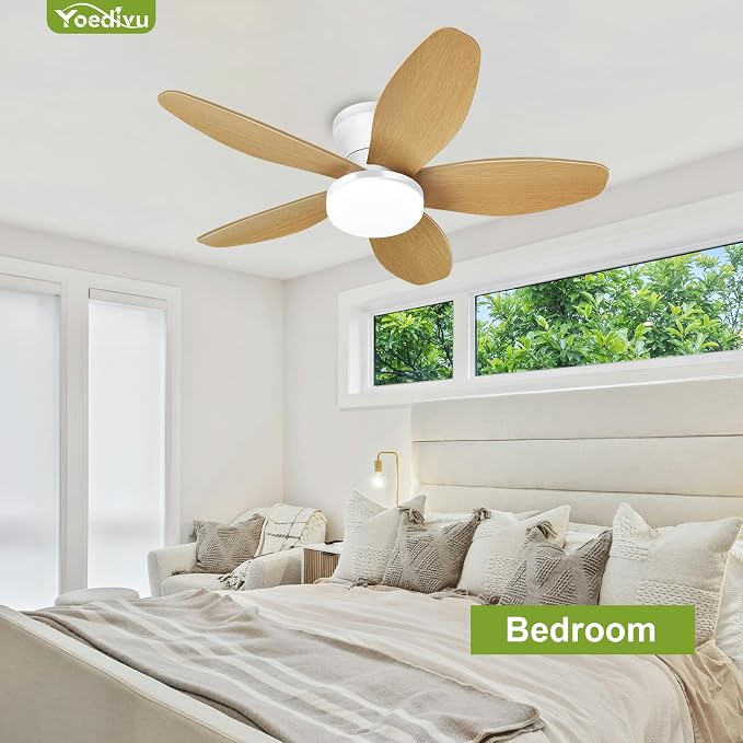 Ceiling Fans with Lights - 35 Inch Small Low Profile Ceiling Fan and Remote,Flush Mount Ceiling Fan with 5 Reversible Blades 6 Wind Speeds, White&Wood Modern Ceiling Fans for Bedroom Kitchen