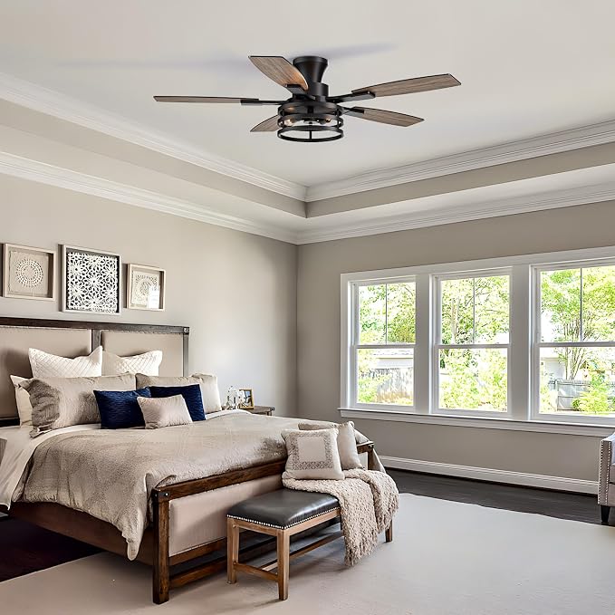 52 Inch Flush Mount Ceiling Fans with Lights and Remote Control, Low Profile Farmhouse Ceiling Fan for Bedroom Living Room and Patio, Black Caged Ceiling Fan for Indoor and Outdoor