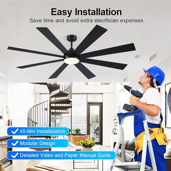 BayDay Farmhouse Rustic Ceiling Fans with Lights and Remote, Bedroom Living Room Kitchen Fans Ceiling with Light Chandier (Black, 72 inch)