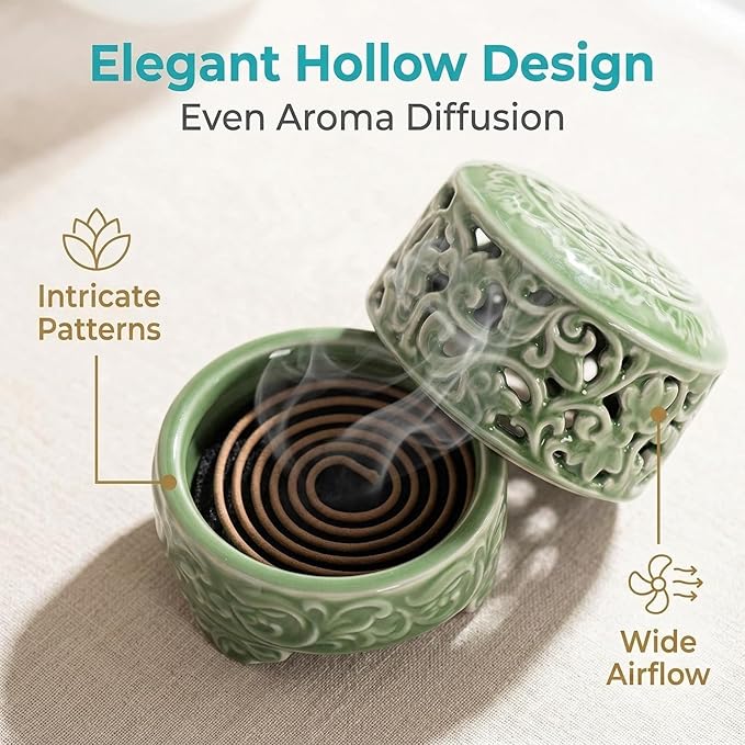 Mini Ceramic Incense Burner - Chinese Classic Plum Green Celadon Glaze, Fragrance Cone & Stick Holder Palo Santo/Sage/Herb Burner for Meditation, Yoga, Desk Decor, Zen Relaxation Gift (Cloud-A)