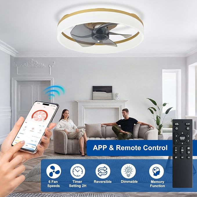 DLLT LED Ceiling Fan with Light: 16" Modern Low Profile Flush Mount Fandelier with App & Remote Control - Dimmable Gold Bladeless Fan Light Fixture for Bedroom Kids Room Living Room