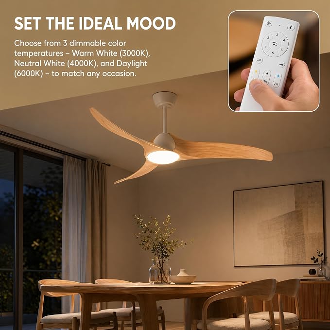 52 inch Ceiling Fan with Light, White/Wood Reversible Blades | Modern Low Profile Flush Mount, 3-Speed Reversible DC Motor, Dimmable 3-Color LED, Remote Control for Bedroom Living Room