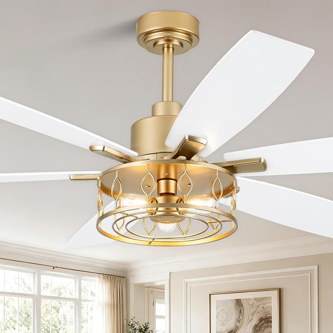 Dawn Whisper 60 Inch Ceiling Fans with Lights White and Gold Farmhouse Ceiling Fan for Bedroom Living Room Quiet and Reversible DC Motor Caged Chandelier Fan