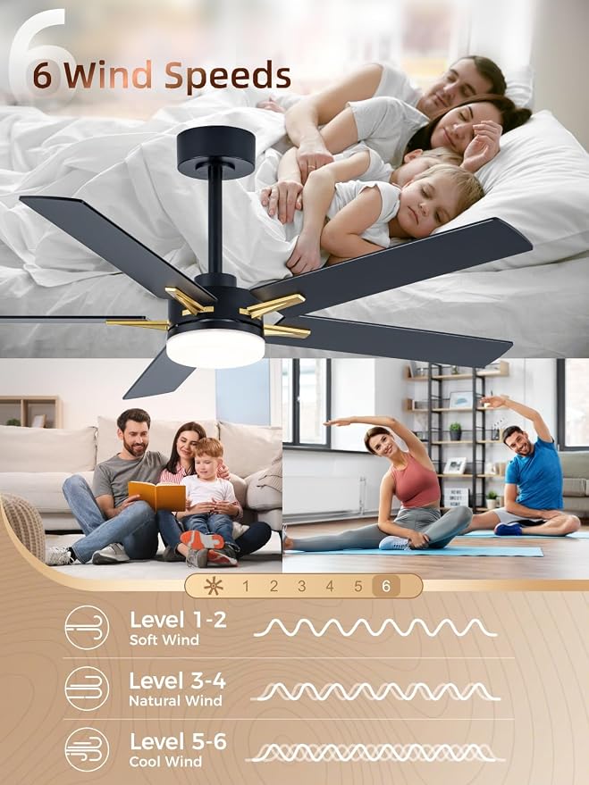 LANMEL 52 Inch Ceiling Fans with Lights, App&Remote Control, Low Profile Modern Ceiling Fan, 6 Speed, Reversible, 3000k-6500k Dimmable LED, Quiet DC Motor for Indoor Outdoor Use, Gold Black