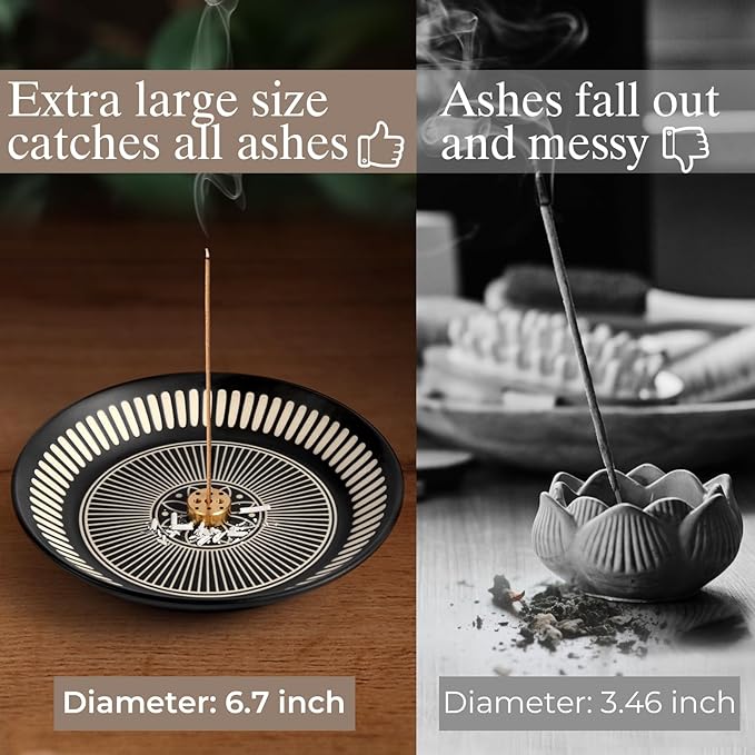 Incense Holder for Sticks, Palo Santo, Sage, 6.7" Incense Stick Holder with 9 Incense Holes, Ceramic Incense Holder with Ash Catcher for Meditation Yoga Relaxation Home Decor (Black)