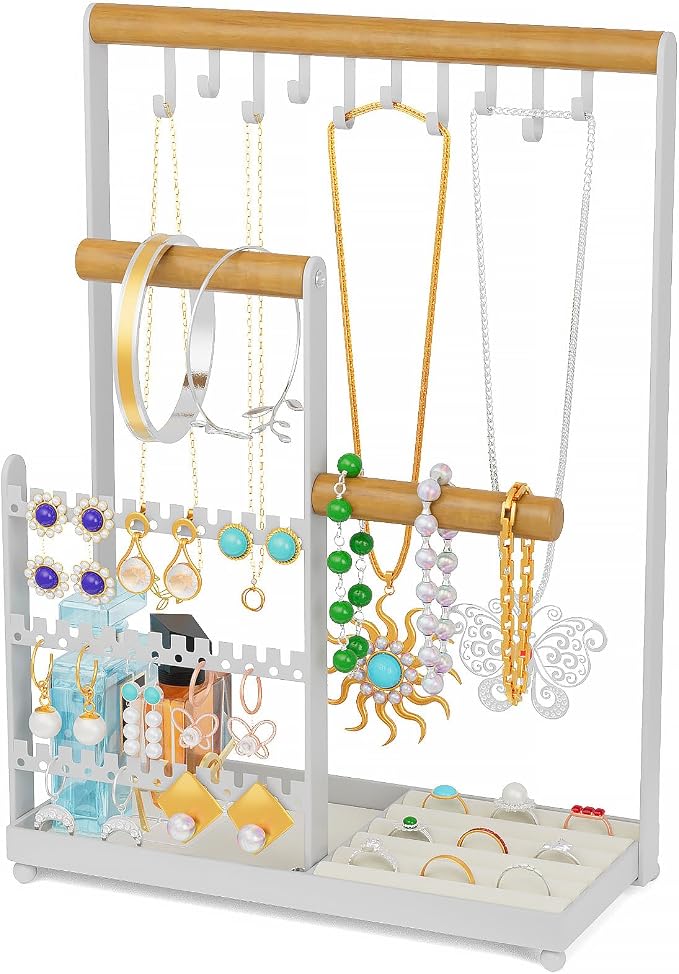 coobest Jewelry Holder Organizer Stand, Jewelry Display Rack with 36 Holes Earring Holder, 10 Hooks Necklace Organizer, Velvet Ring Holder Dish, Birthday Gifts Ideas for Mom Women Room Decor