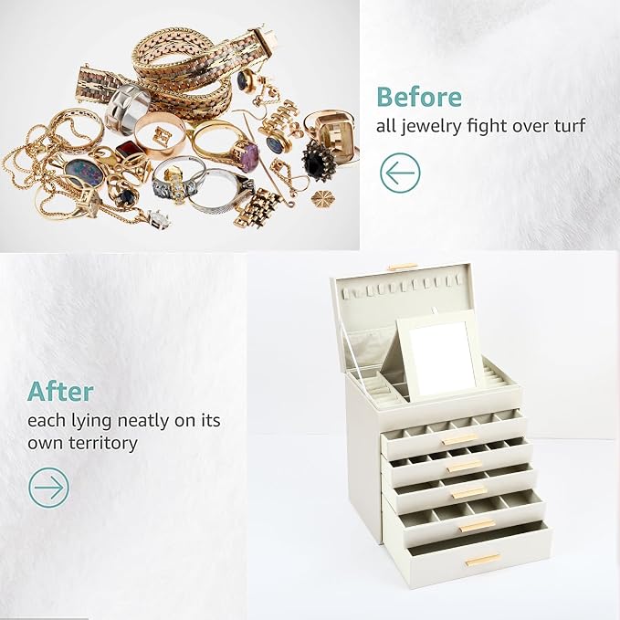 BOOVO Jewelry Boxes for Women, White and Black 6 Layer Large Jewelry Box for Necklace, Bracelet, Earrings, Rings Storage, Jewelry holder Organizer for Girls Gift (Champagne, 6 layer)