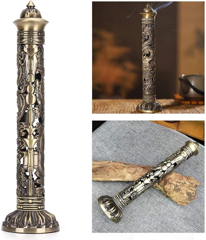 Incense Tower Holder,Portable Bronze Dragon Phoenix Relief Retro Nostalgia Vertical Stick Incense Holder With Craft Storage Box Ash Catcher Sticks Incense Holder For Home