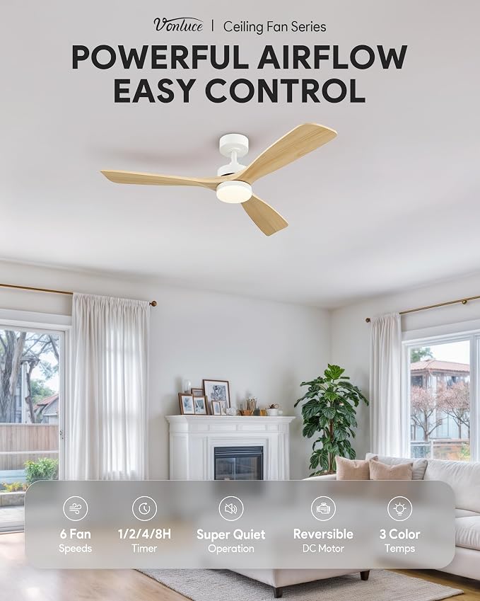 VONLUCE Wood Ceiling Fan with Lights, 52 Inch Ceiling Fan and Remote, 6 Speed Reversible Noiseless DC Motor, 3CCT, Solid Wood Outdoor Ceiling Fan for Patios Farmhouse, White