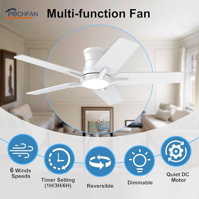 POCHFAN 42 Inch White Ceiling Fans with Lights and Remote, Flush Mount Low Profile Ceiling Fan for Bedroom, Living Room, Patio, Dimmable 6 Speeds Noiseless Reversible, ETL Listed