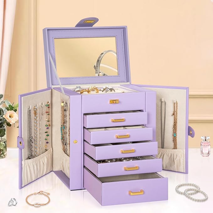 AKOZLIN 6-Tier Jewelry Box Organizer Functional 5 Drawers Leather Jewelry Storage Case for Women Girls Ring Necklace Earring Bracelet Holder Organizer with Mirror Purple Regular