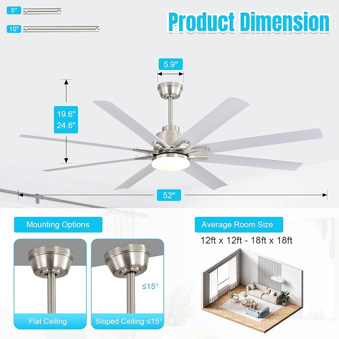 Sofucor 52 Inch Ceiling Fans with Lights, White Indoor/Outdoor Ceiling Fan with Remote, Quiet DC Motor, 6 Speed, 3CCT, 8 Blades Modern Ceiling Fan Light for Bedroom, Living Room, Patio