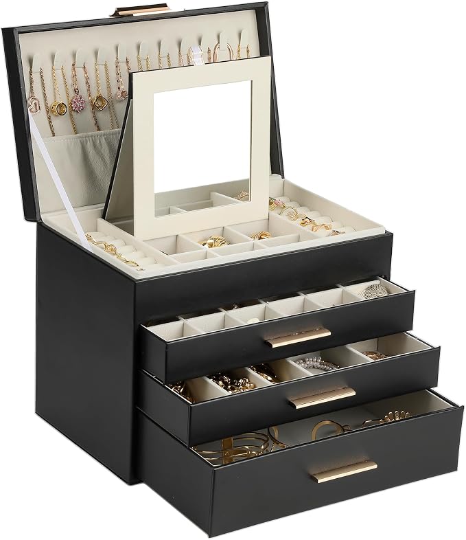 BOOVO Jewelry Boxes for Women, White and Black 6 Layer Large Jewelry Box for Necklace, Bracelet, Earrings, Rings Storage, Jewelry holder Organizer for Girls Gift (Black, 5 Layer)