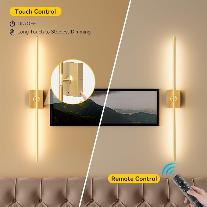 Ouyulong Battery Operated Wall Sconces Set of 2, 10000mAh Wireless Rechargeable 3000-6000K Dimmable 350° Rotate Wall Light with Remote for Living Room, Bedroom 27.6in Gold