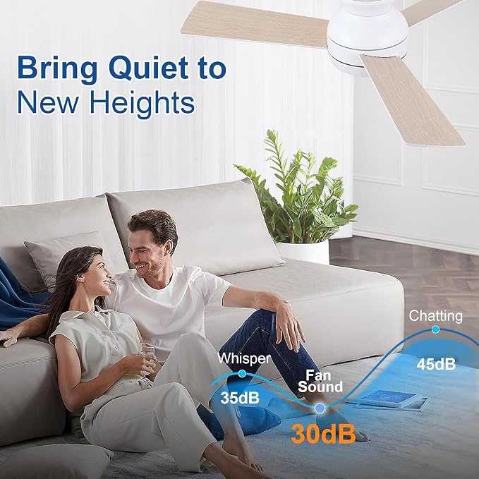 42 Inch Low Profile Ceiling Fan with Light Quiet for Bedroom,White | Flush Mount,Remote Control,Reversible DC Motor,Wood Blades,6 Speed,3CCT Dimmable for Bedroom,Living Room