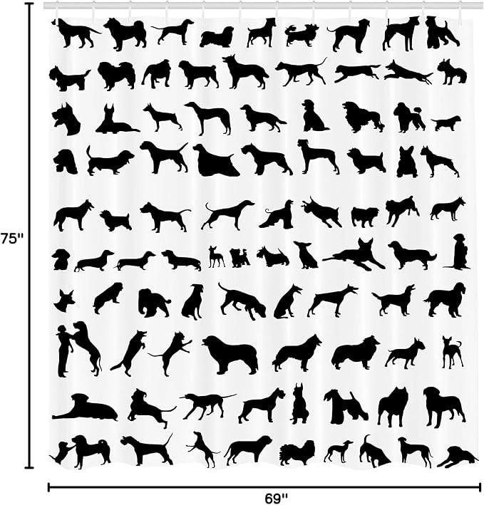 Ambesonne Dog Lover Shower Curtain, Silhouettes of Different Breeds of Dogs Chow Chow Shepherd Pinscher Spaniel, Cloth Fabric Bathroom Decor Set with Hooks, 69" W X 75" L, White Charcoal