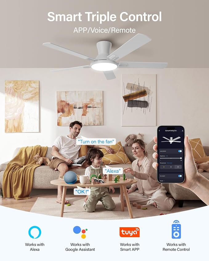 52 Inch Ceiling Fans with Lights and Remote, Flush Mount Low Profile Smart Ceiling Fan with WIFI Alexa App Control, Quiet Reversible DC Motor, 6 Speeds, Dimmable LED Light, White
