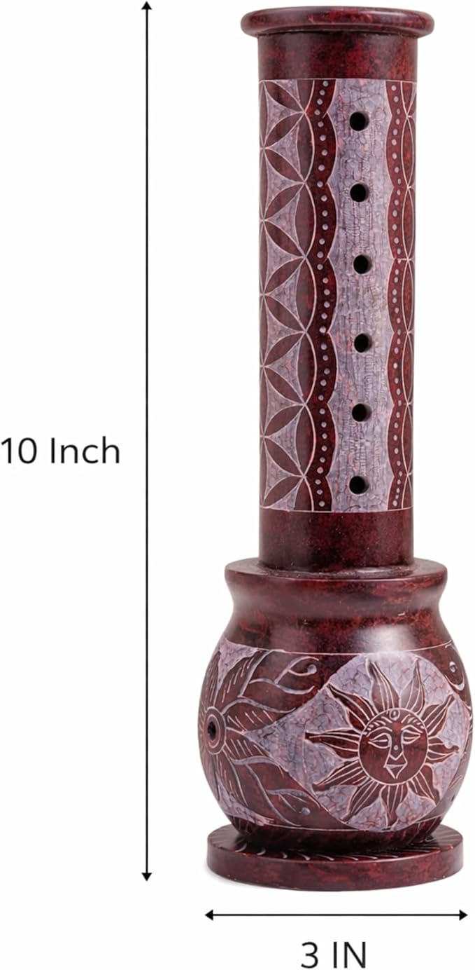 Marble Handmade Soapstone Red Incense Stick Holder | Candle Burner | Tea Light Holder - Round Jaali Carving for Gifting. Decorative Home and Office Decor - (3 X 3 X 10 Inches)