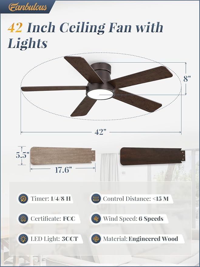 Fanbulous 42 Inch Ceiling Fans with Lights and Remote,Indoor Modern Flush Mount Ceiling Fan with 3CCT 6-Speed Quiet DC Motor,Small Low Profile Ceiling Fan for Bedroom Living Room Office(Oil Bronze)