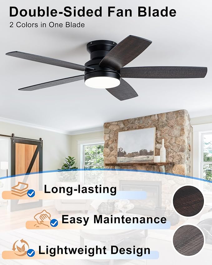 Coolwind 48in Flush Mount Ceiling Fan with Light, Display Remote/APP Control, Black Modern Silent Low Profile Ceiling Fan, 8 Speeds, Dimmable, 3CCT, DC Reversible Motor for Bedroom, Living Room