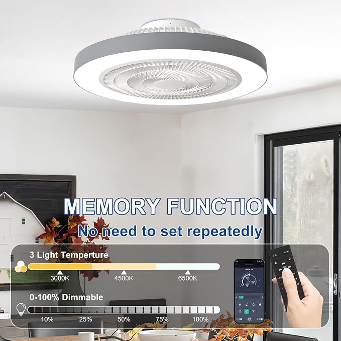 Depuley LED Ceiling Fan with Light: 19" Modern Flush Mount Low Profile Ceiling Fans with Remote & Smart APP Control - Grey Bladeless Fandelier Dimmable Quiet DC Motor for Bedroom Kids Room 6 Speeds