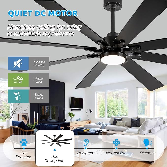 72 inch Ceiling Fans with Lights and Remote, Indoor Outdoor Ceiling Fans for Patios, Black Industrial DC Ceiling Fan with 8 Reversible Blades for Living Room Farmhouse Garage Covered Ourdoor